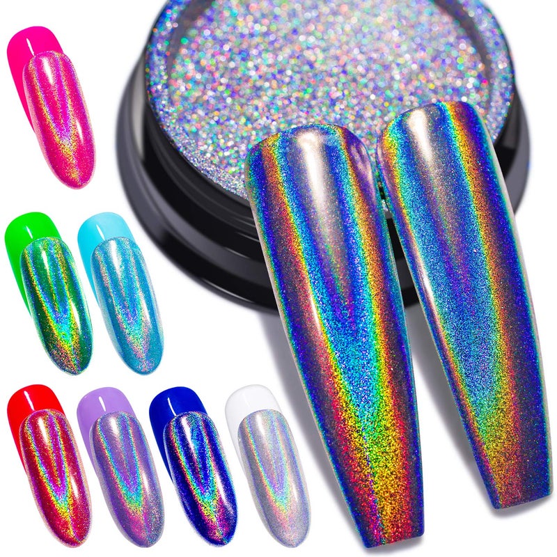 GA&EN Holographic Nail Polishing Powder Fine Rainbow Holo Unicorn Mirror Laser Effect Multi Chrome Manicure Pigment Glitter Dust for Salon Home Nail Art DIY Deco, 0.04oz/1g, Sponge Tool/3pcs - Image 1